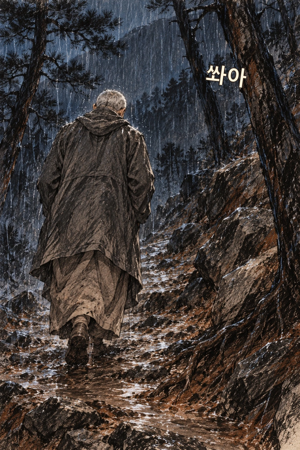 비에 잠긴 산길, 홀로 걷는 명진의 등.