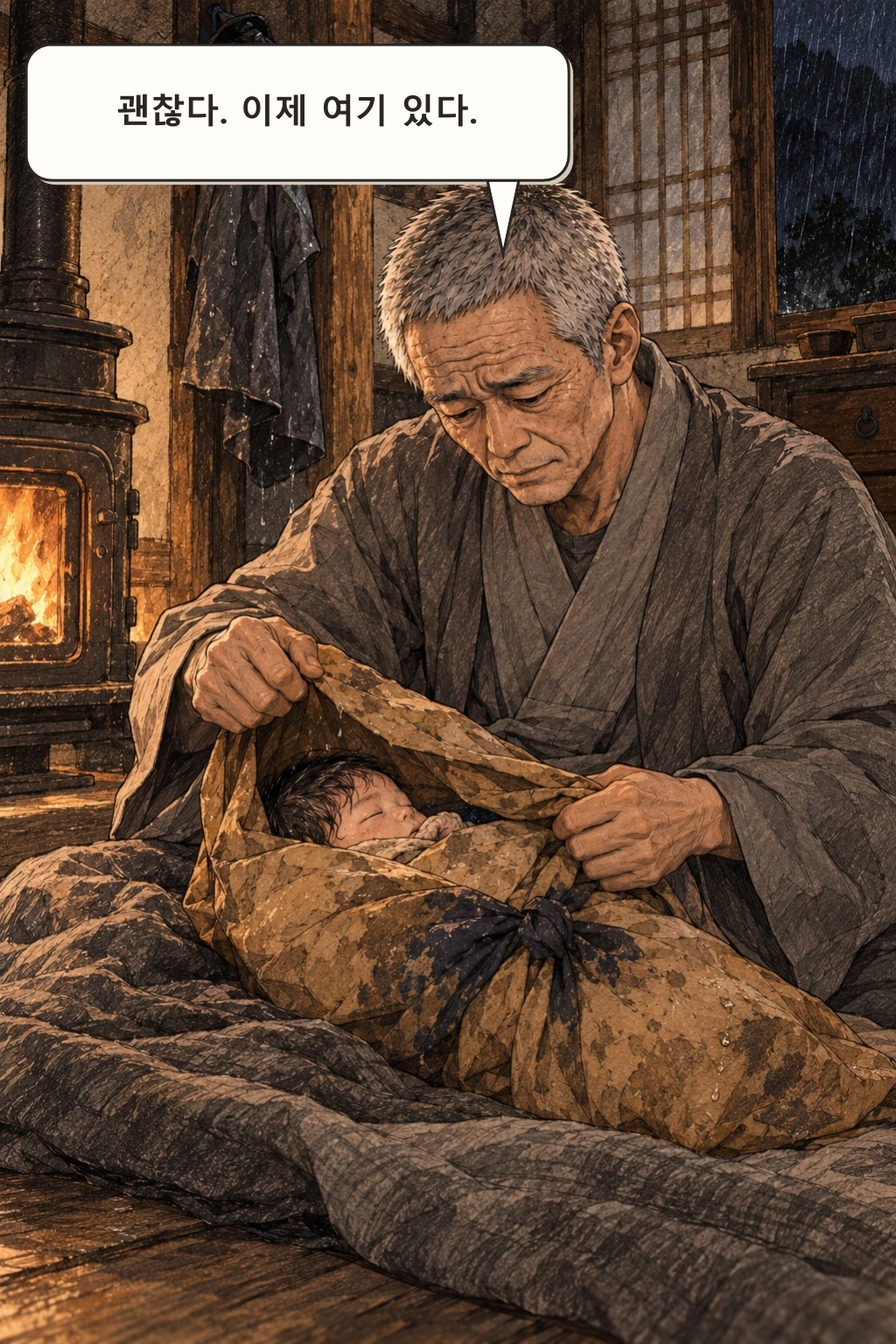 현재, 명진이 젖은 보자기를 벗긴다.