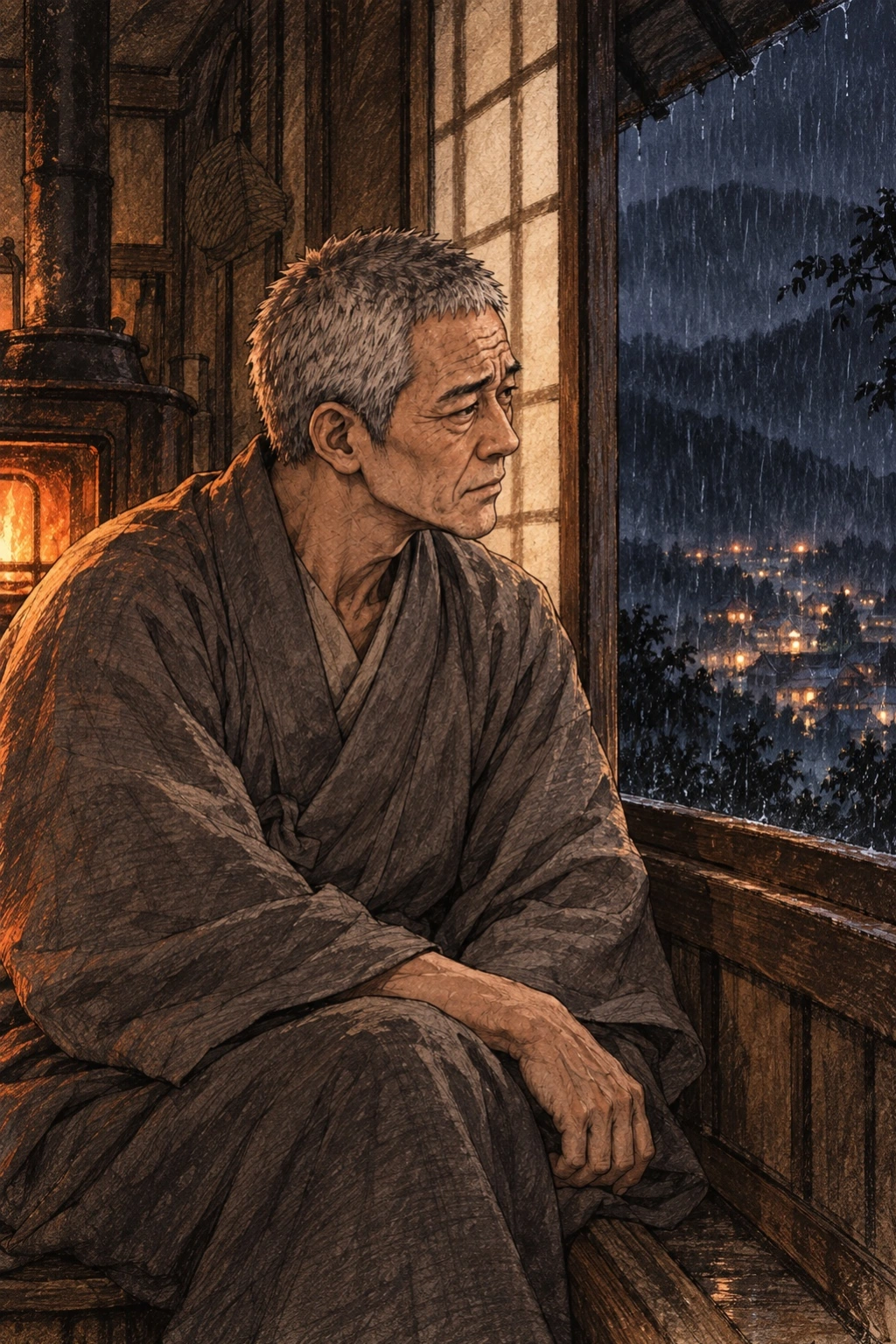명진이 창밖 산 아래 불빛을 바라본다.