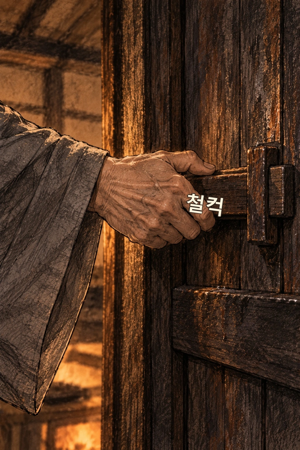문을 걸어 잠그는 손의 클로즈업.