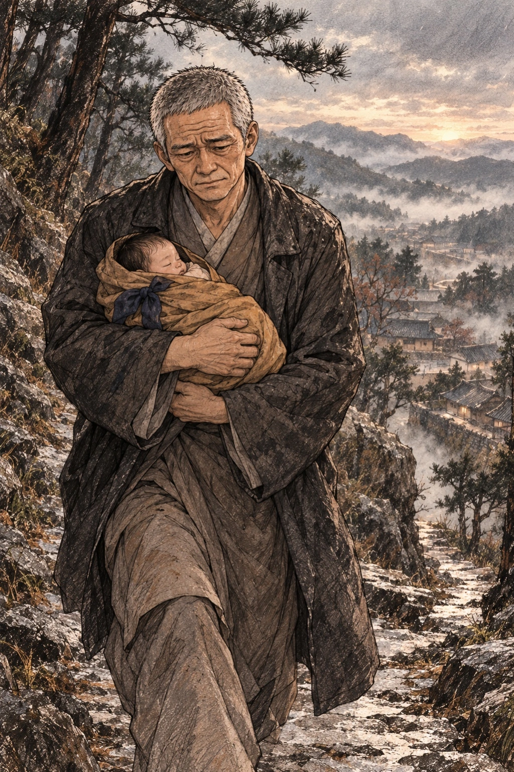 명진이 아이를 안고 마을로 내려온다.