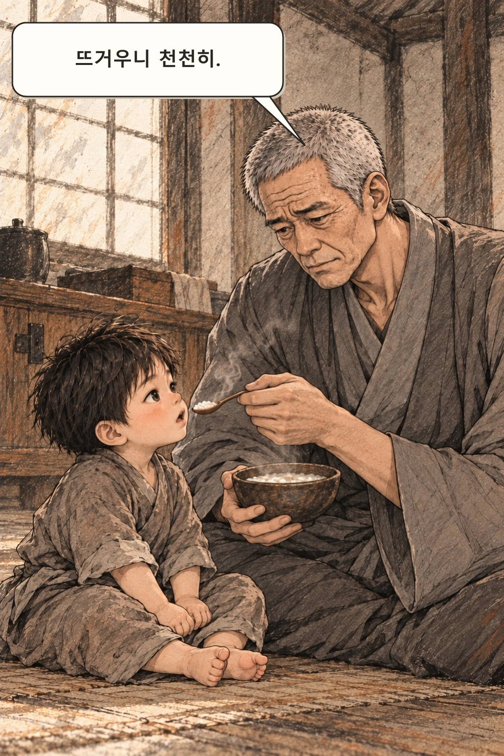 명진이 밥을 식혀 작은 숟가락으로 건넨다.