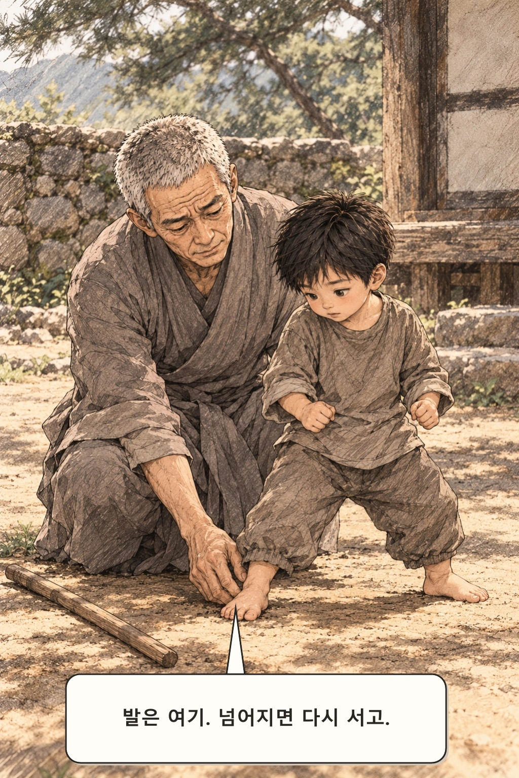 명진이 막대를 내려놓고 발의 위치를 고친다.