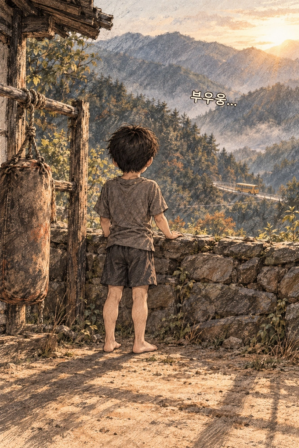 도윤의 등 뒤로 멀리 지나가는 학교 버스.