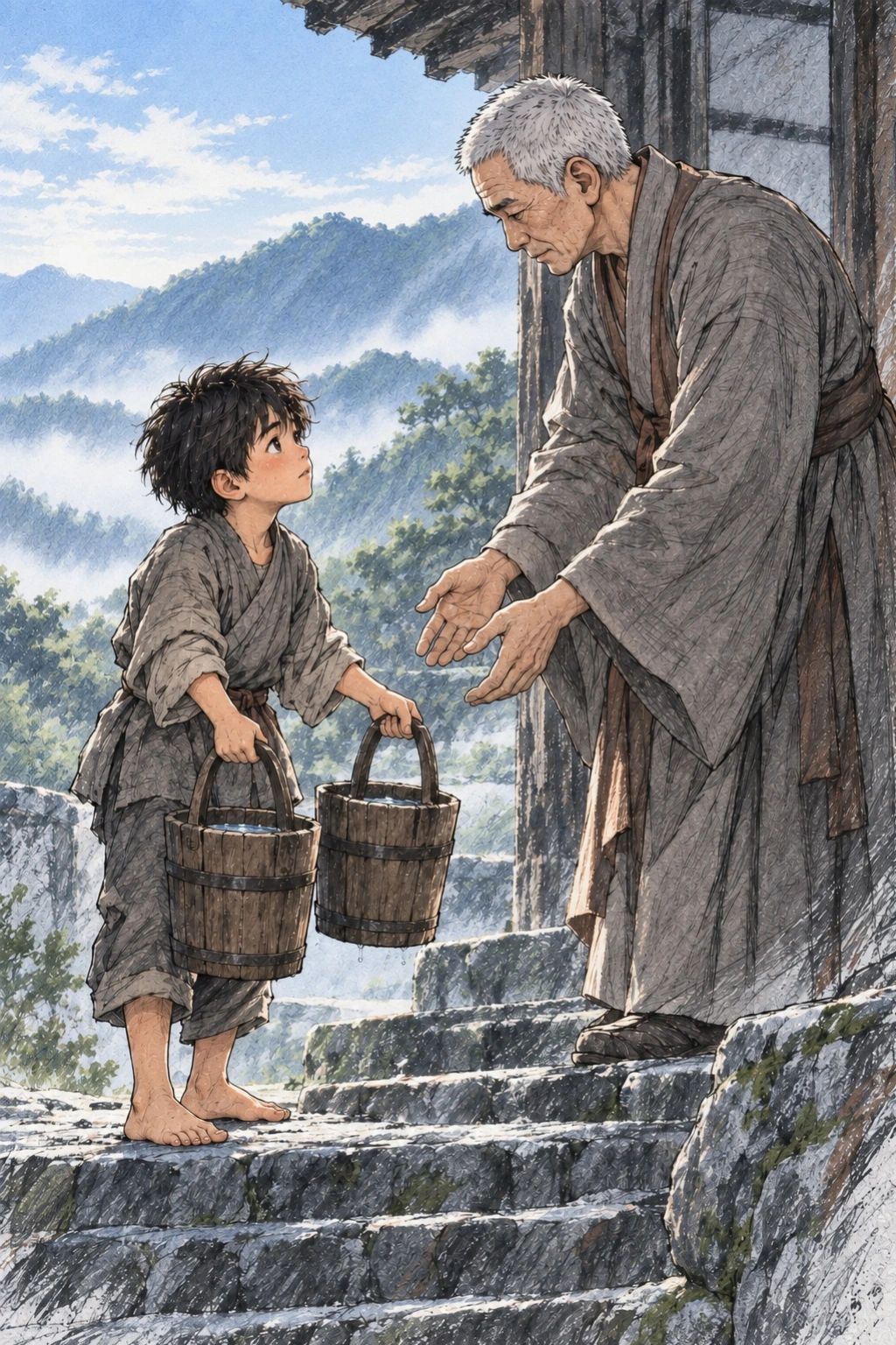 계단 끝에서 명진이 물통을 받아준다.