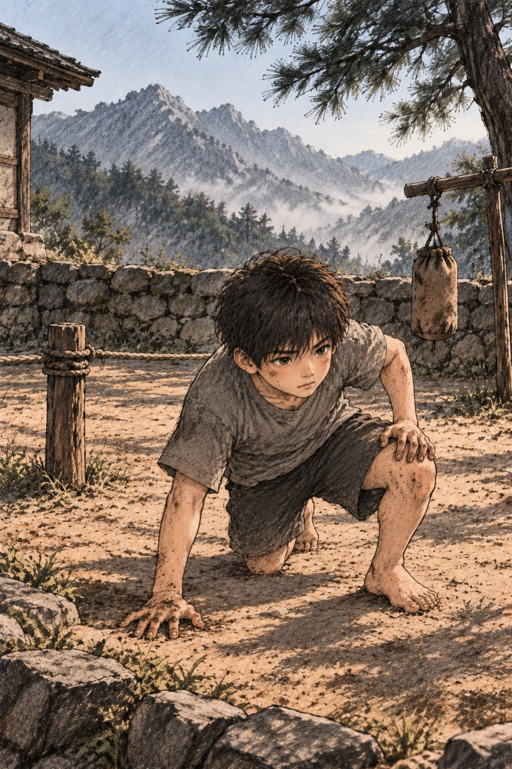 다시 일어난 도윤의 손에 흙이 묻는다.
