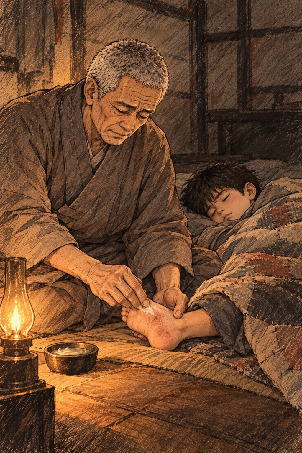 잠든 아이의 발에 약을 바른다.