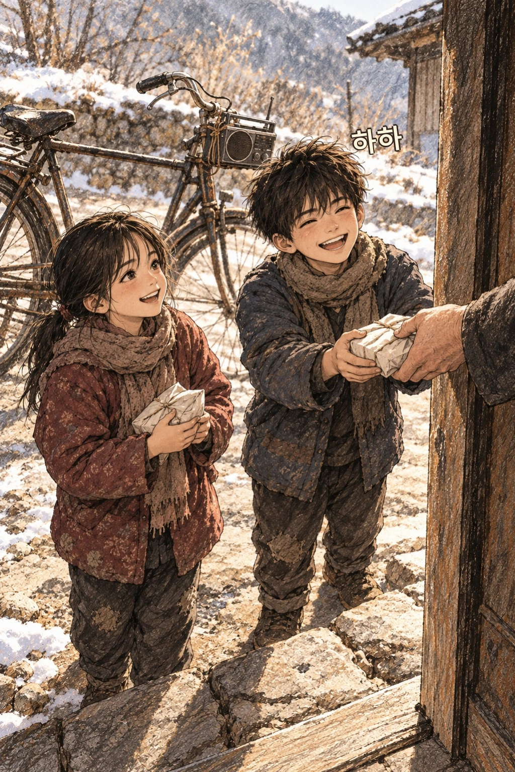 약을 받으러 온 마을 아이들이 웃는다.