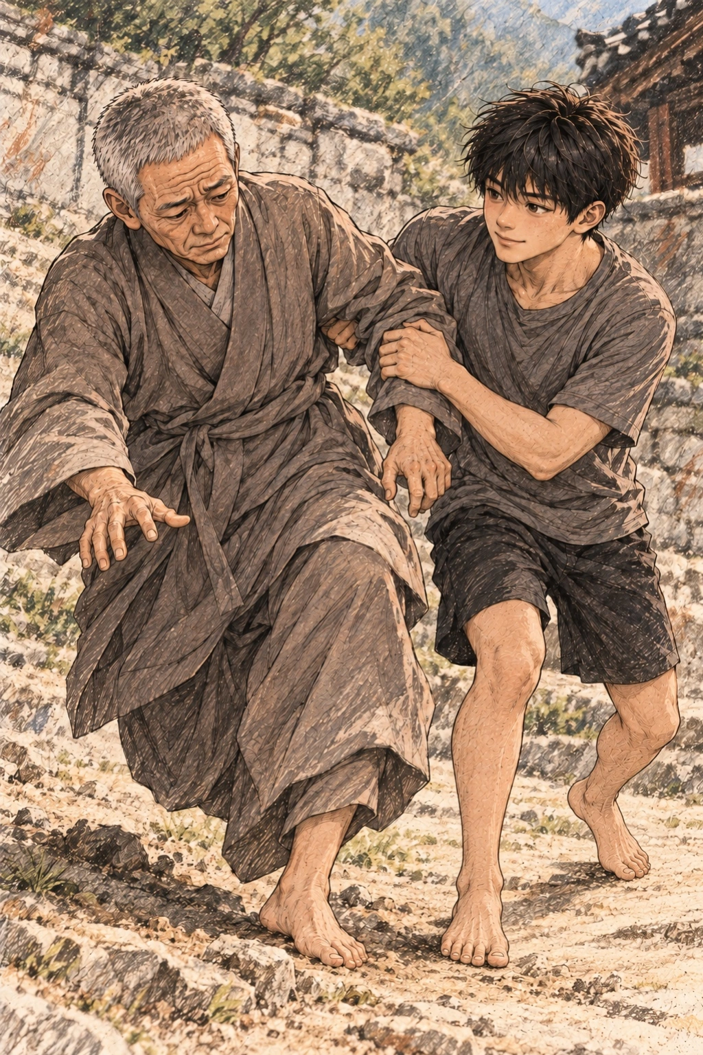 발을 헛디딘 명진을 도윤이 붙잡는다.