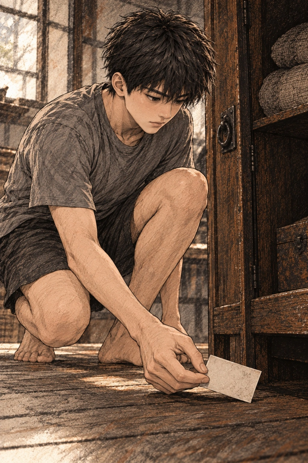 도윤이 장롱 아래 떨어진 사진을 줍는다.