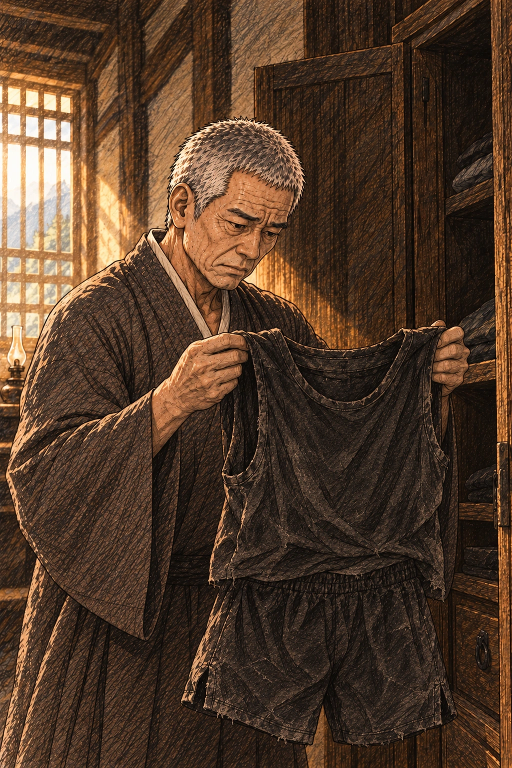 명진이 오래된 경기복을 펼쳐 본다.