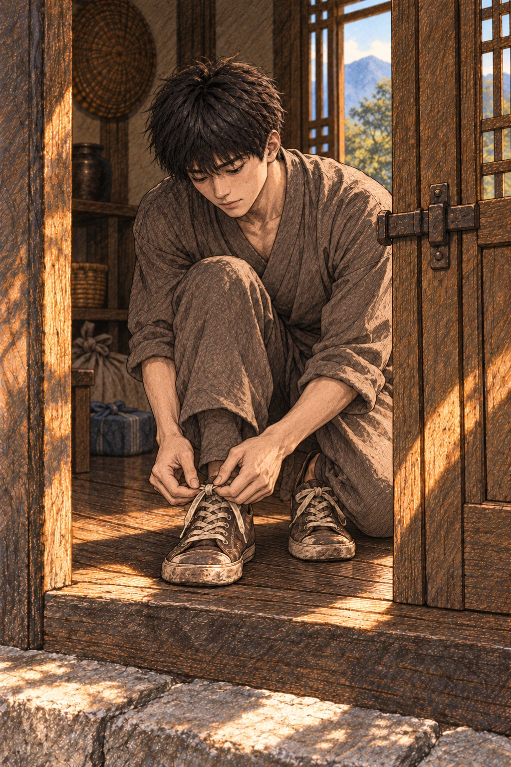 도윤이 신발 끈을 고쳐 묶는다.