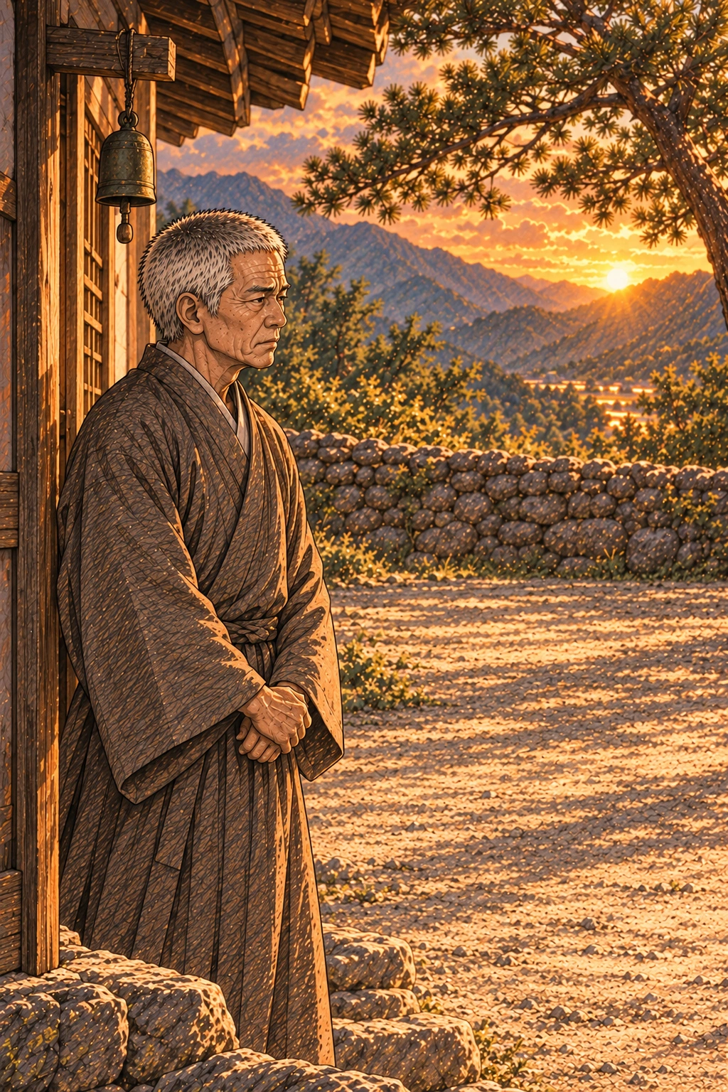 명진이 빈 마당을 보며 종을 치지 않는다.