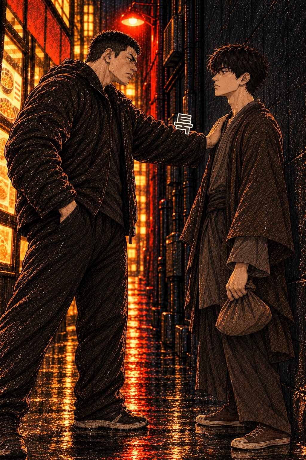 어깨를 미는 불량배, 도윤은 뒤꿈치를 고정한다. 효과음 툭.