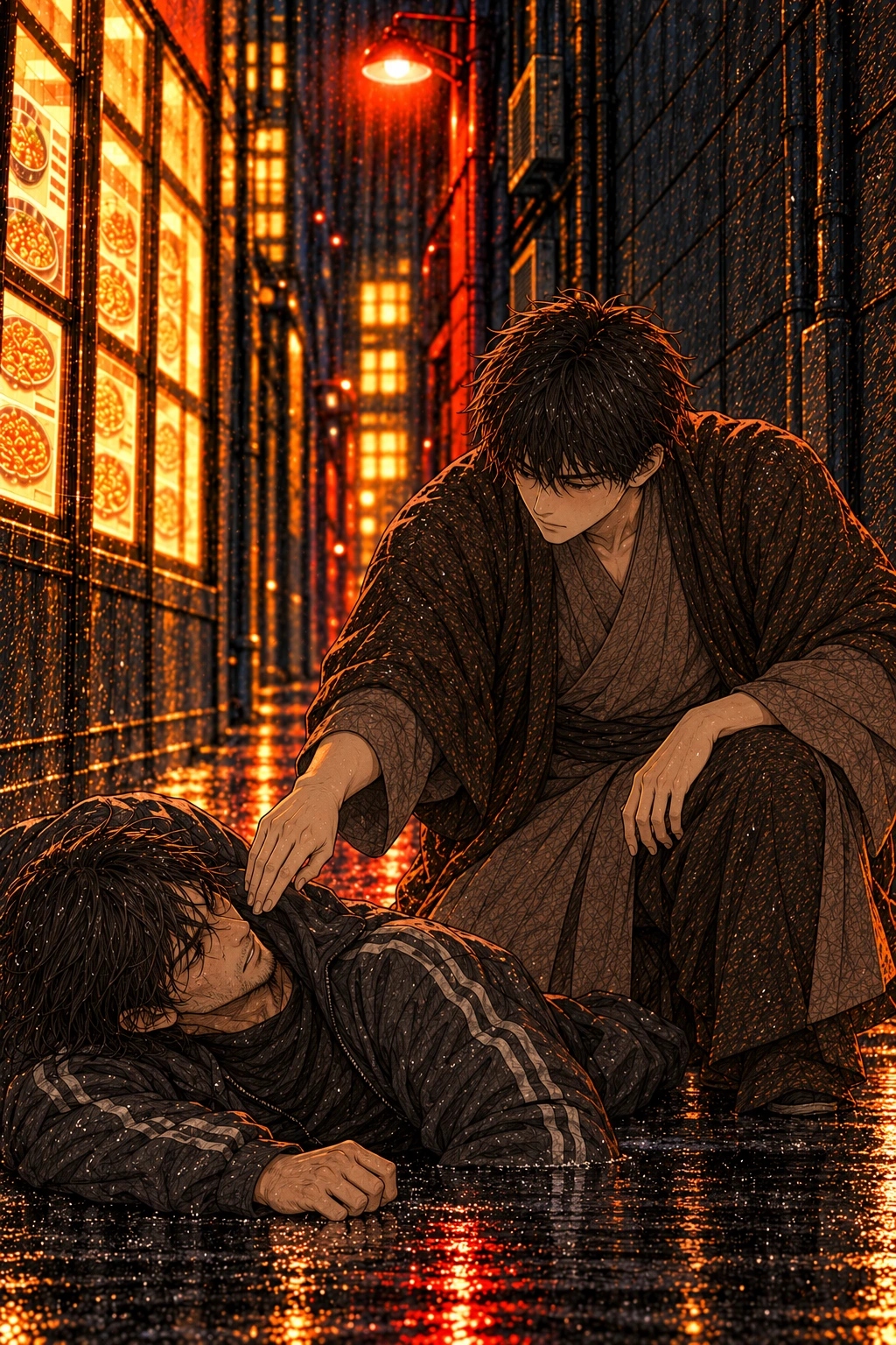 도윤이 쓰러진 사람의 호흡을 살핀다.