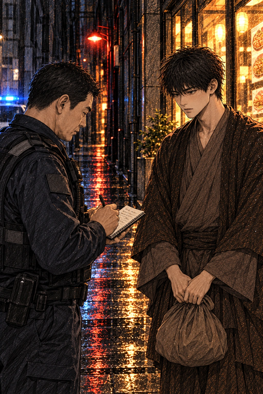 경찰이 각자의 진술을 듣는다.
