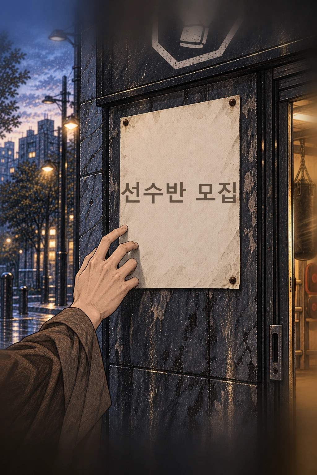 “선수반 모집” 글씨 앞에 손을 뻗는다.