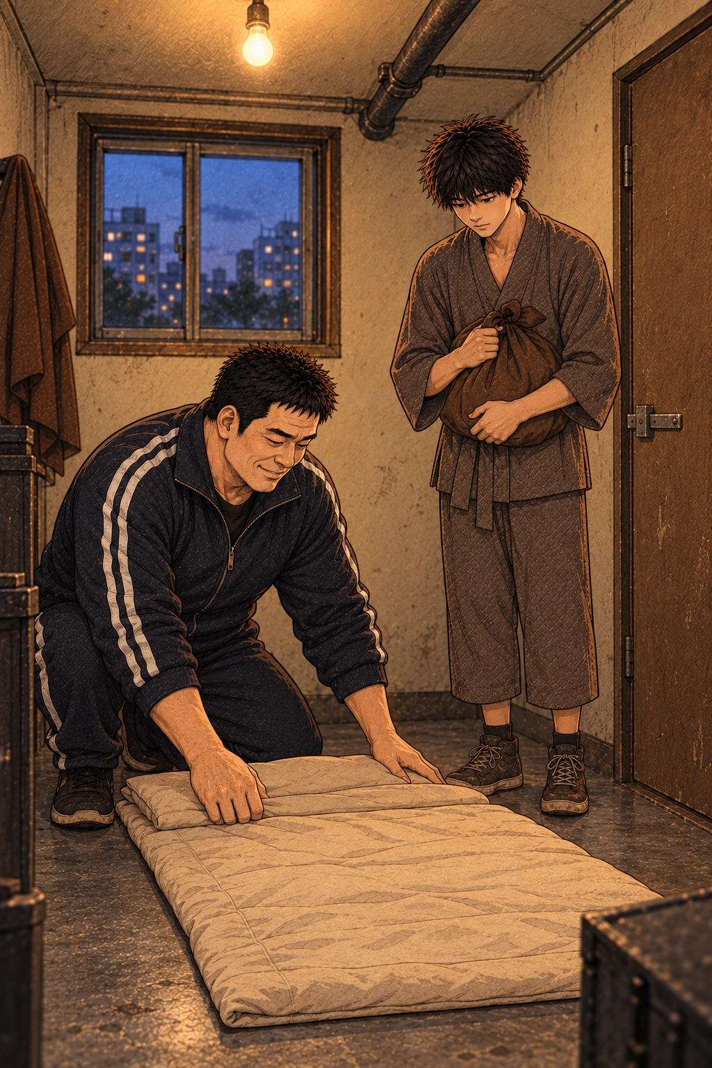 체육관 위 관리실에 임시 침구를 놓는다.