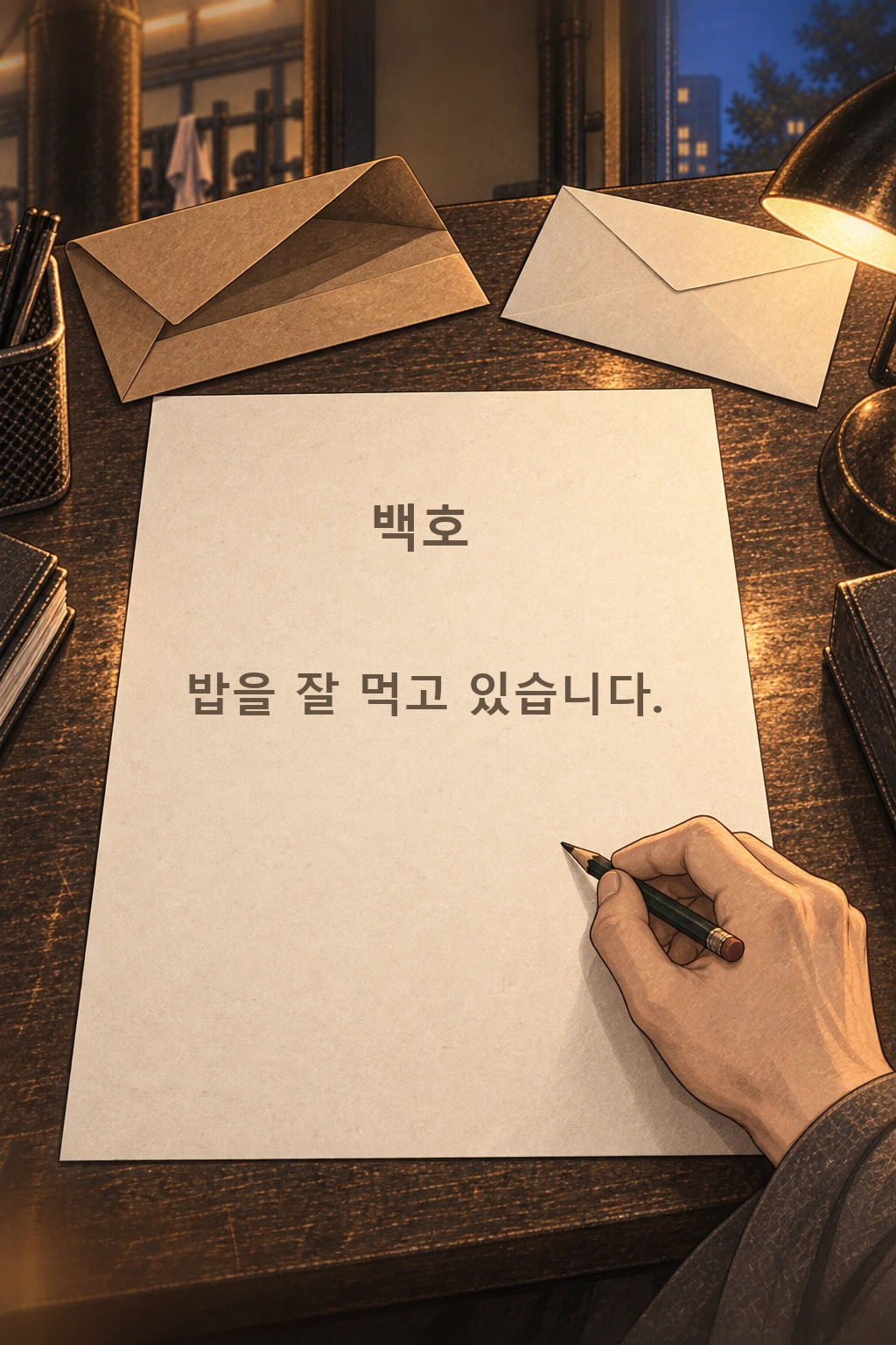 봉투 속 짧은 편지. “밥을 잘 먹고 있습니다.”