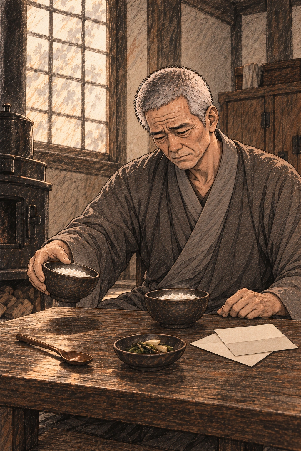 도윤의 몫을 놓았다가 그릇을 거둔다.