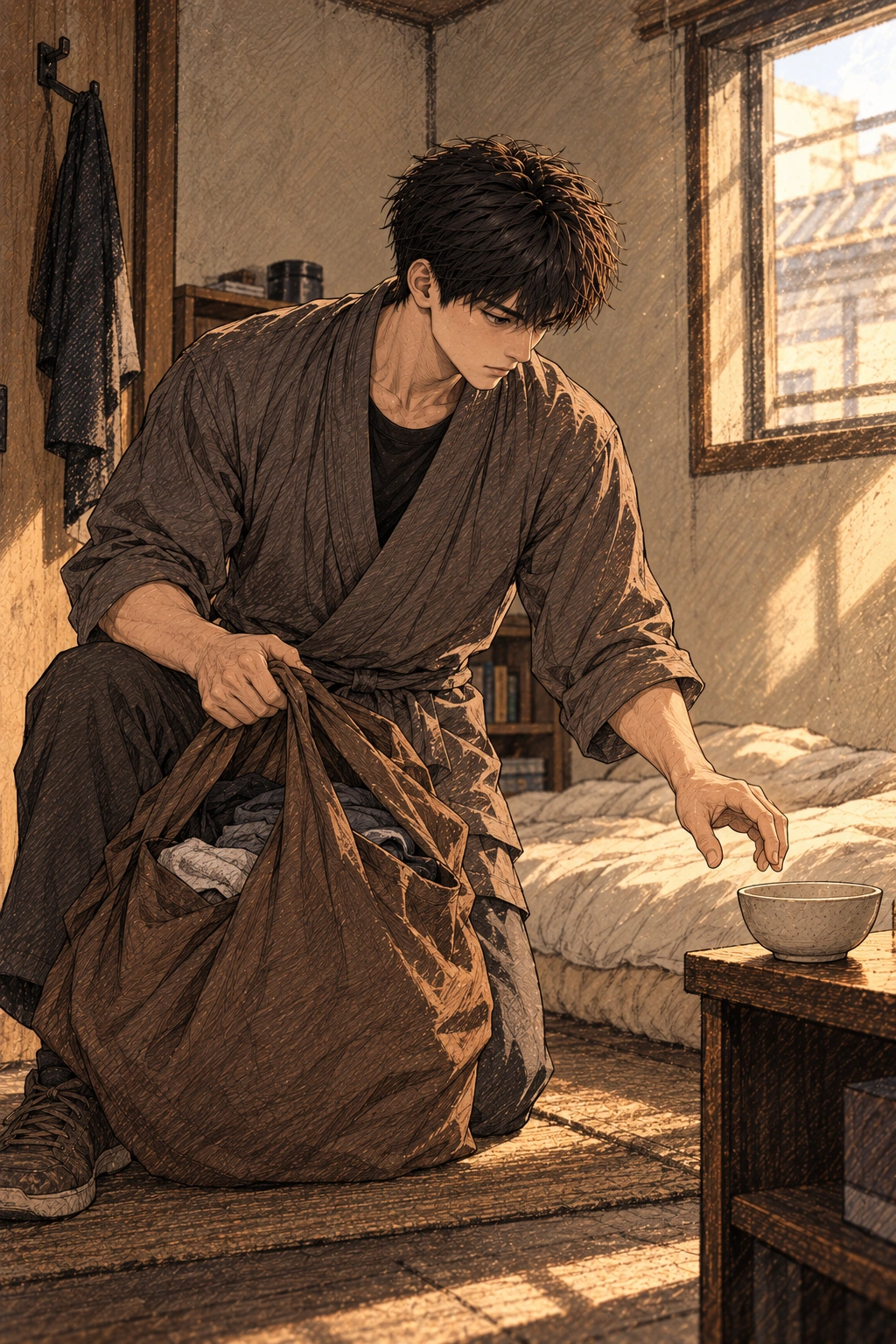 도윤이 짐을 싸다 식기 하나를 남겨 놓는다.
