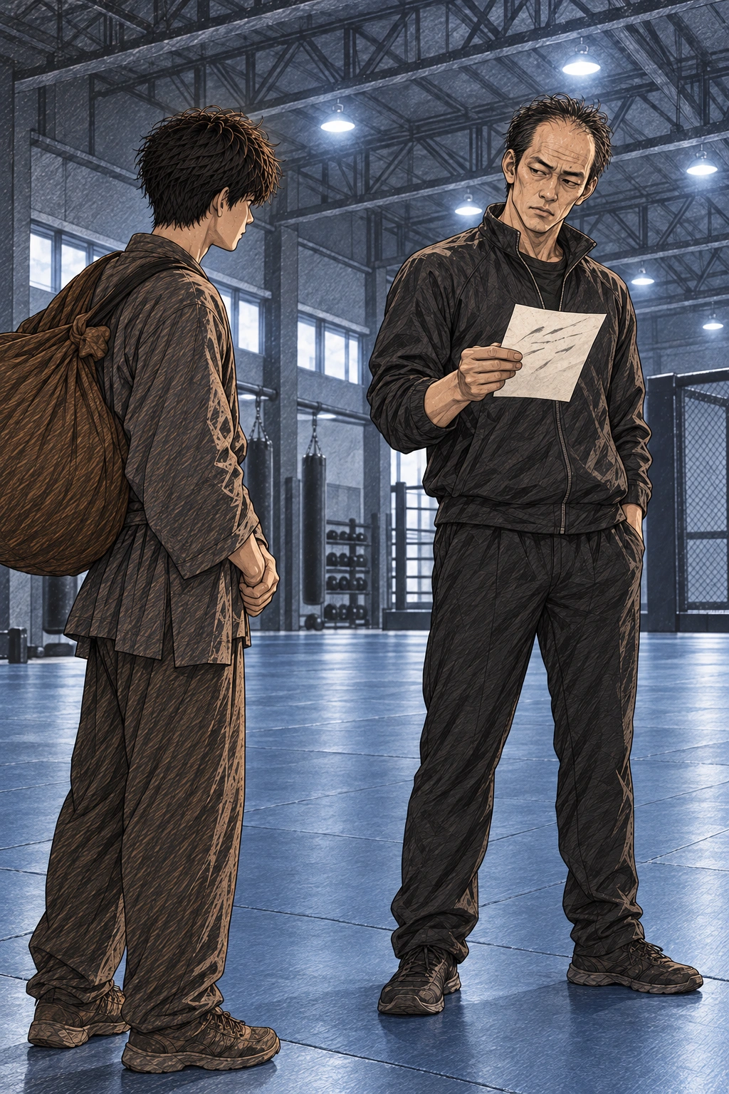 관장 마동철이 보따리와 태식의 소개장을 본다.