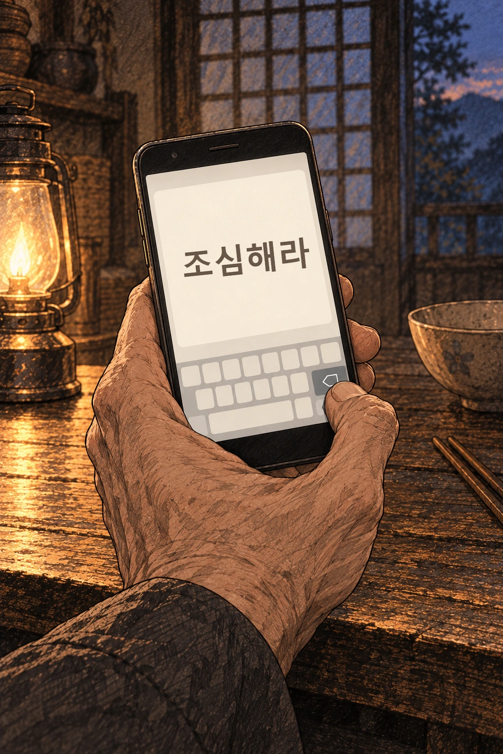 보내려던 “조심해라”를 지운다.