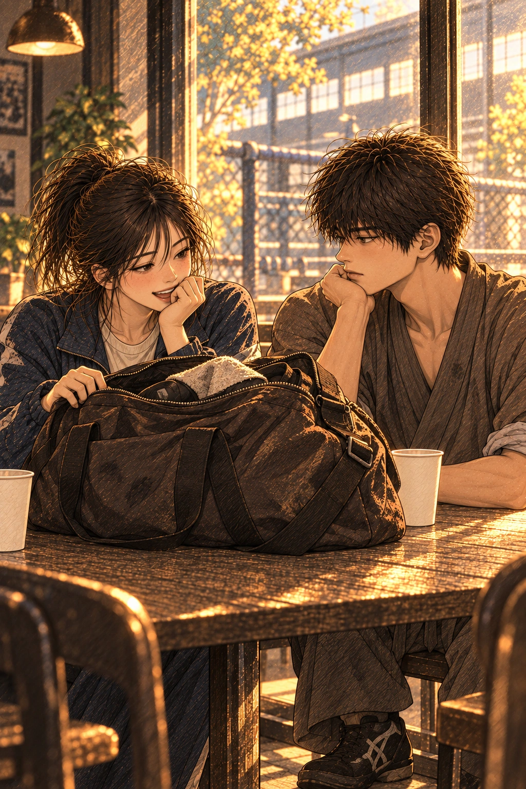 서윤이 도윤의 커진 훈련 가방을 보고 웃는다.