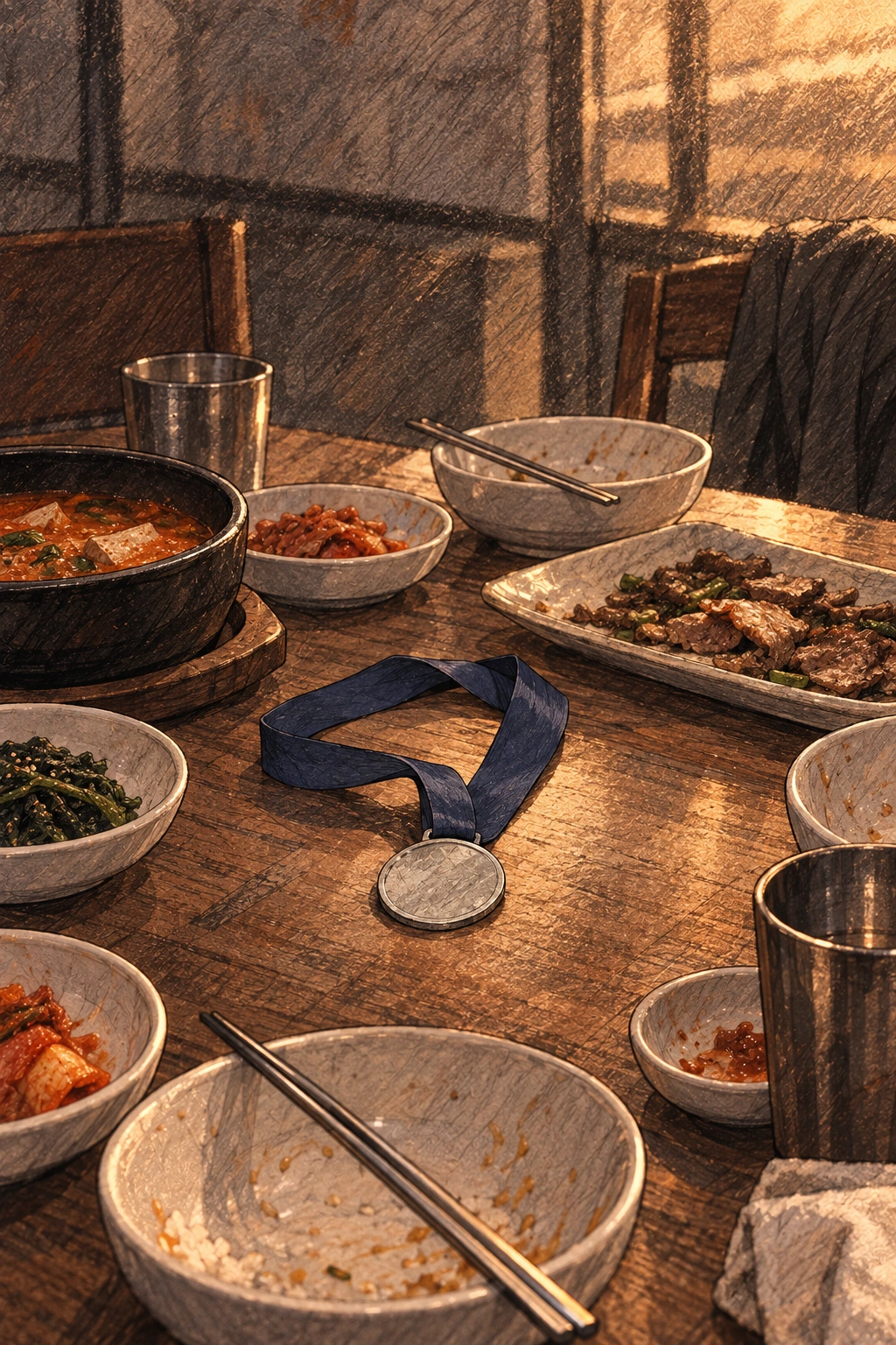 밥상 가운데 우승 메달이 놓인다.