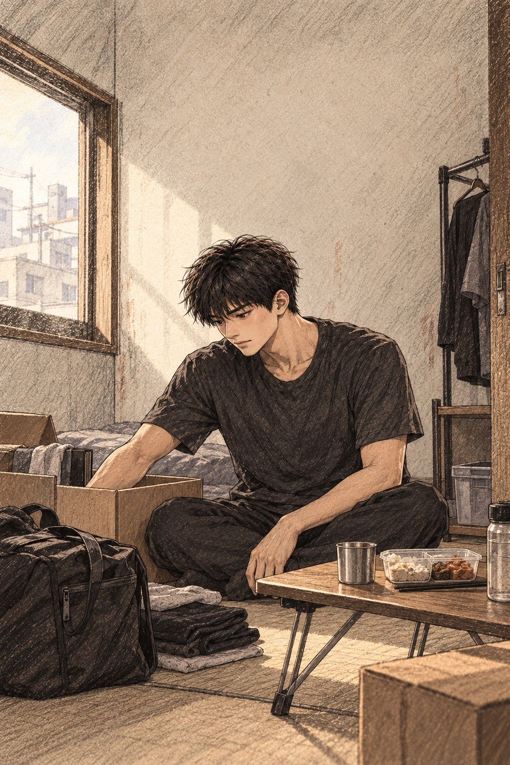 도윤의 첫 월세방, 바닥에 보따리와 접이식 밥상.