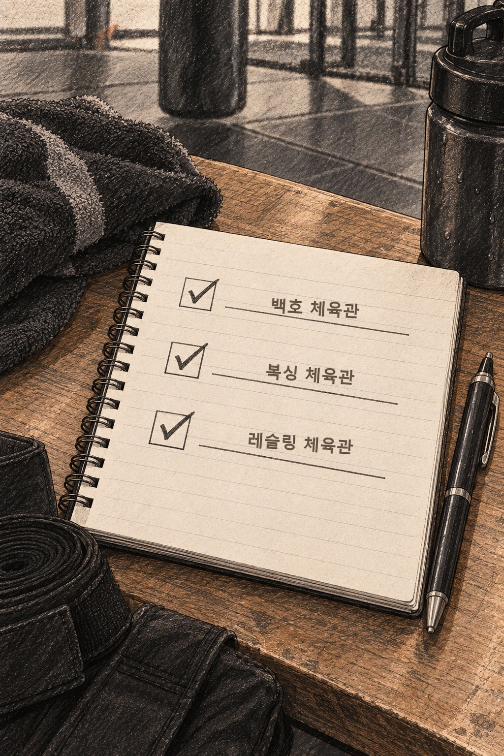 세 체육관 이름이 적힌 훈련표에 체크 표시.