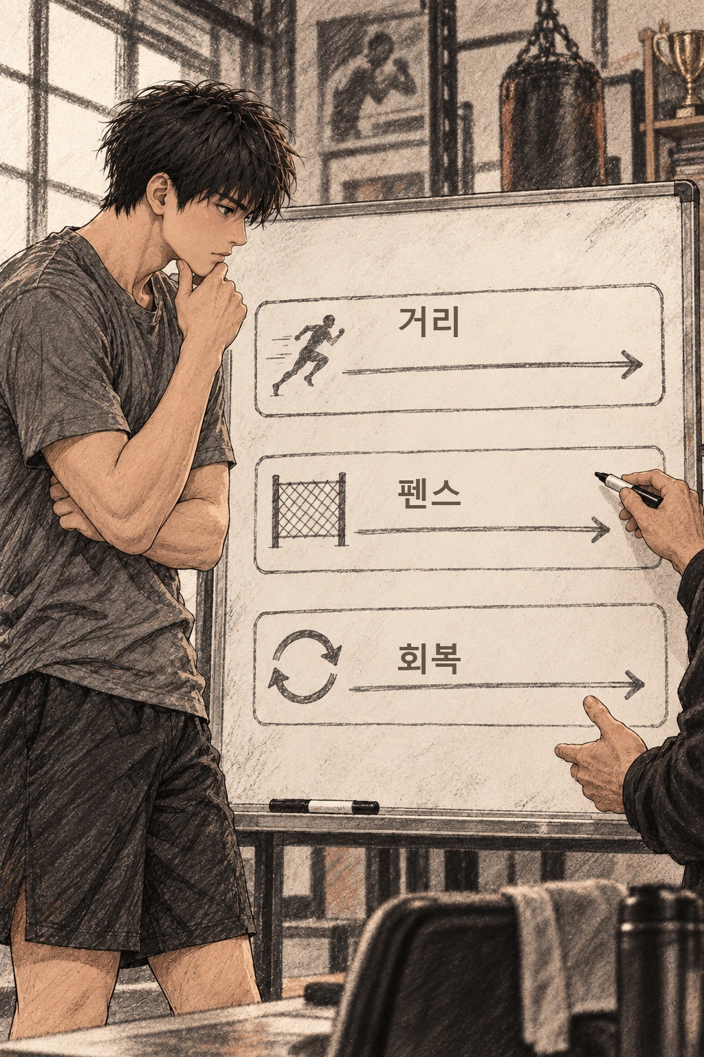 화이트보드에 거리, 펜스, 회복이라는 세 단어.