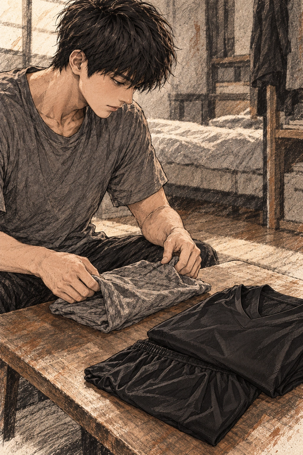 새 경기복 옆에 낡은 회색 티를 접는다.