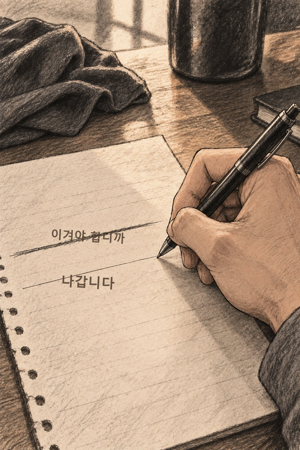 도윤은 ‘이겨야 합니까’를 지우고 ‘나갑니다’를 쓴다.