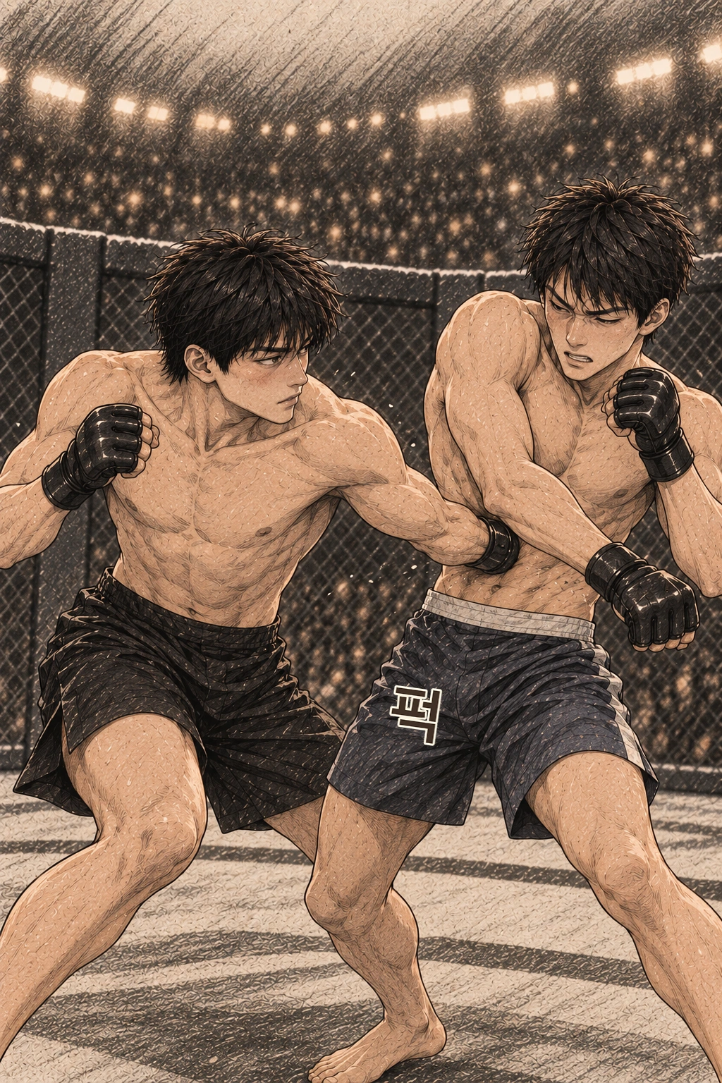 도윤이 몸통에 짧게 응수한다. 퍽.