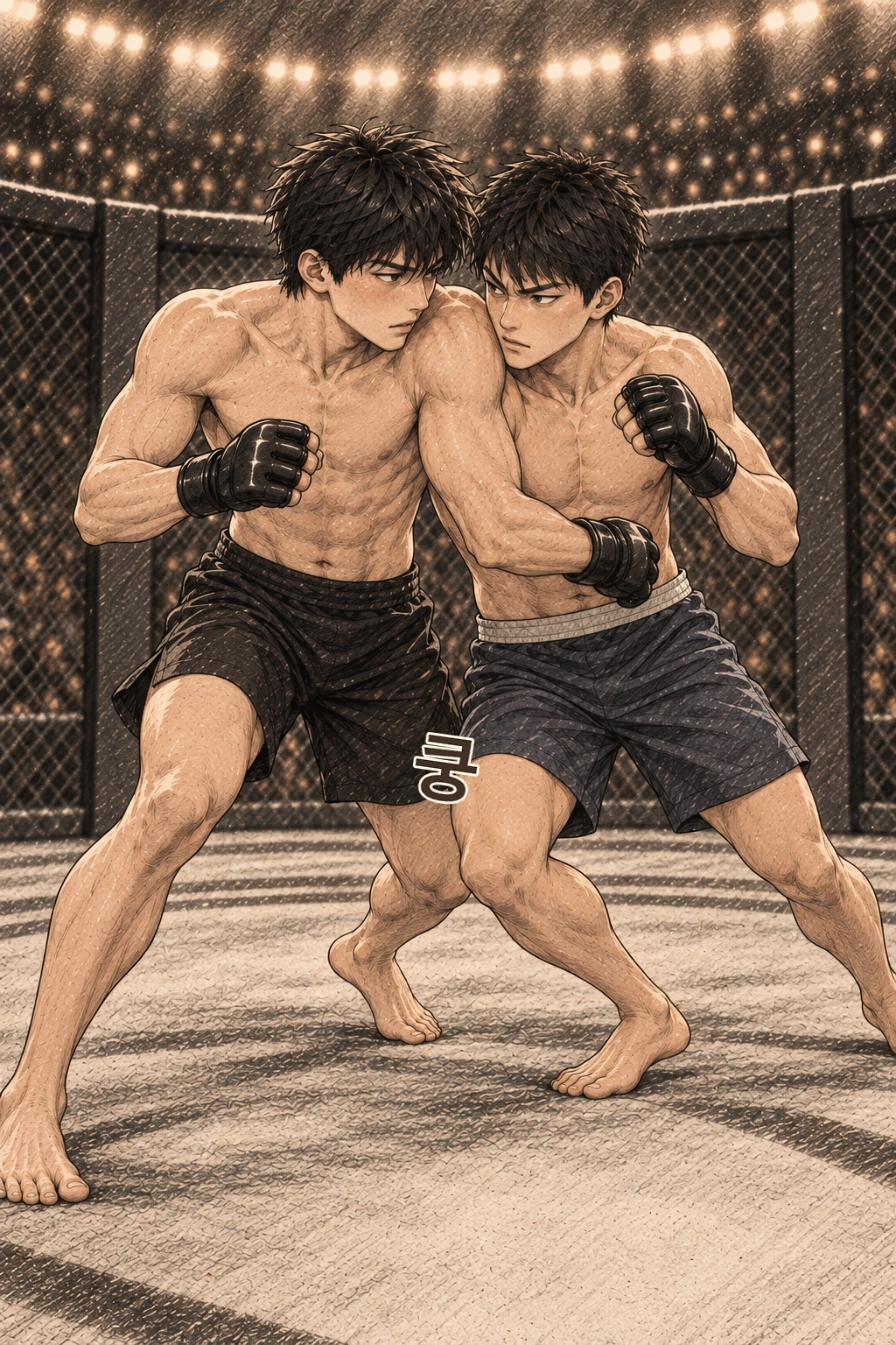 진수가 전진하자 도윤이 어깨를 붙인다. 쿵.