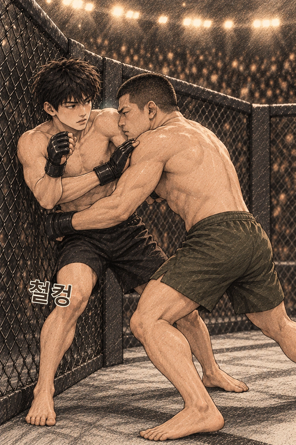 송재욱전 2라운드. 재욱의 두 번째 진입에 도윤의 등이 펜스에 닿는다. 철컹.
