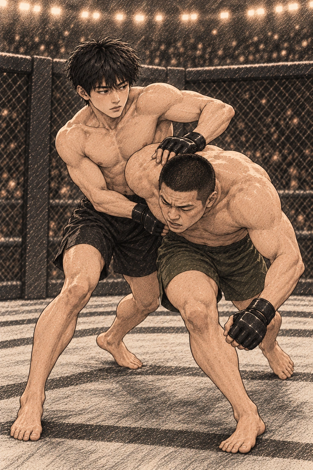 도윤이 팔 자리를 만들어 일어선다. 재욱의 세 번째 진입에는 도윤이 뒤로 돌아선다.