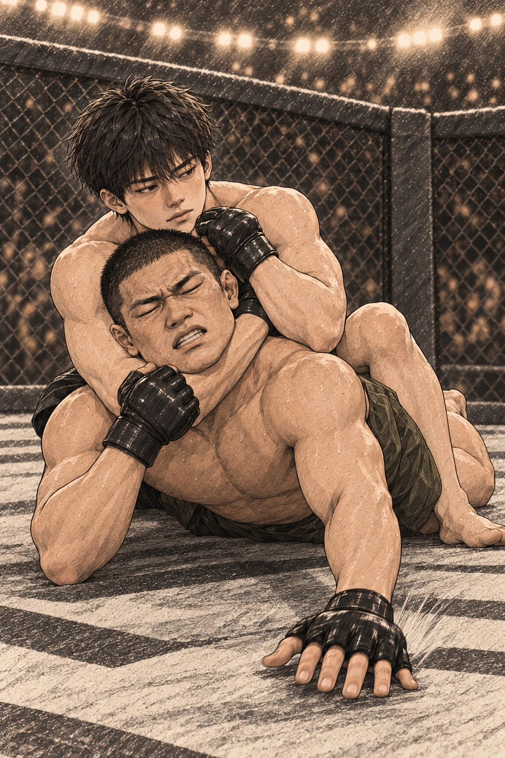 도윤이 재욱의 등을 잡는다. 재욱이 손을 매트에 두드리자 즉시 놓는다.