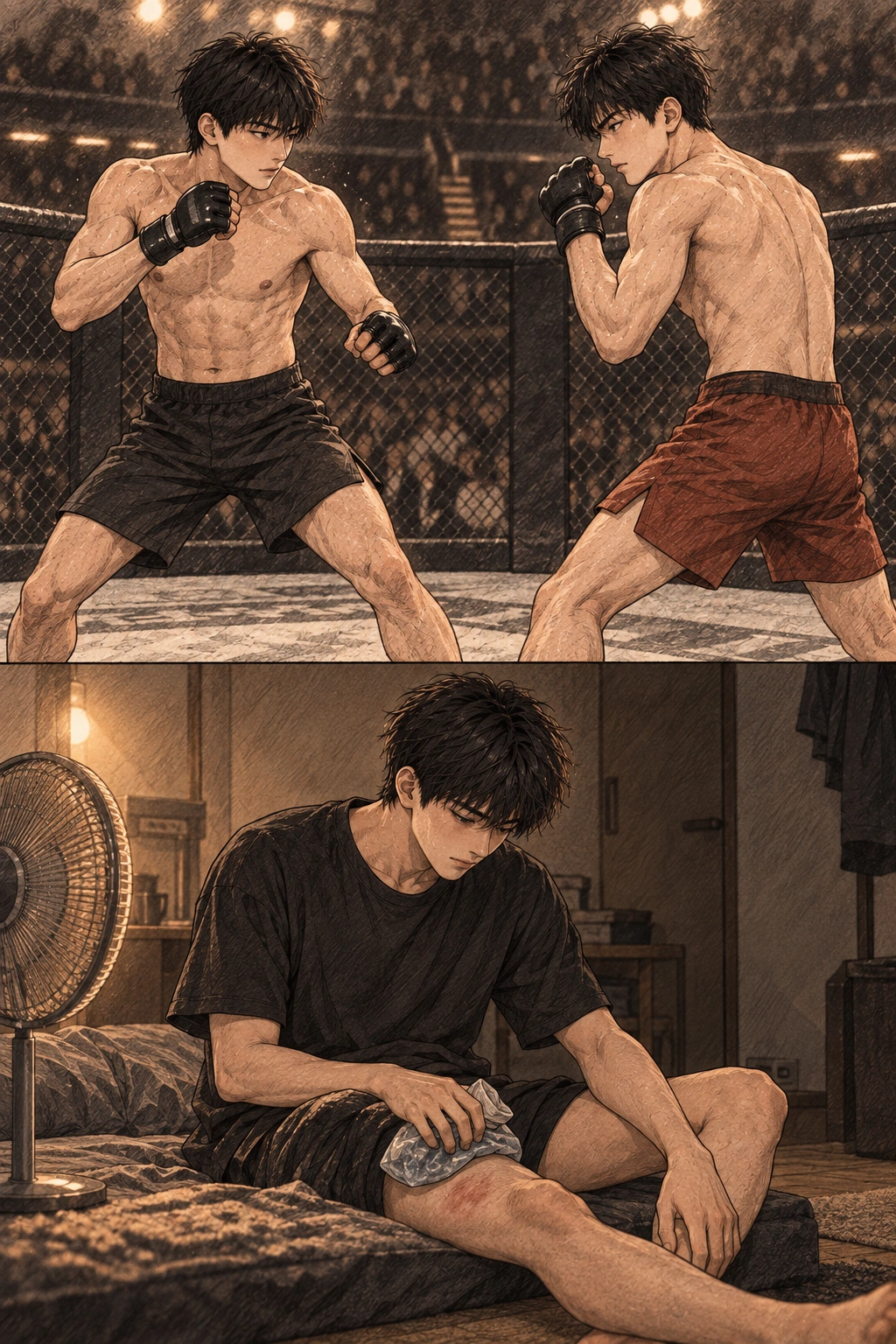 성민의 킥 자국을 얼음찜질하는 도윤. 경기 조명이 원룸 선풍기 불빛으로 바뀐다.