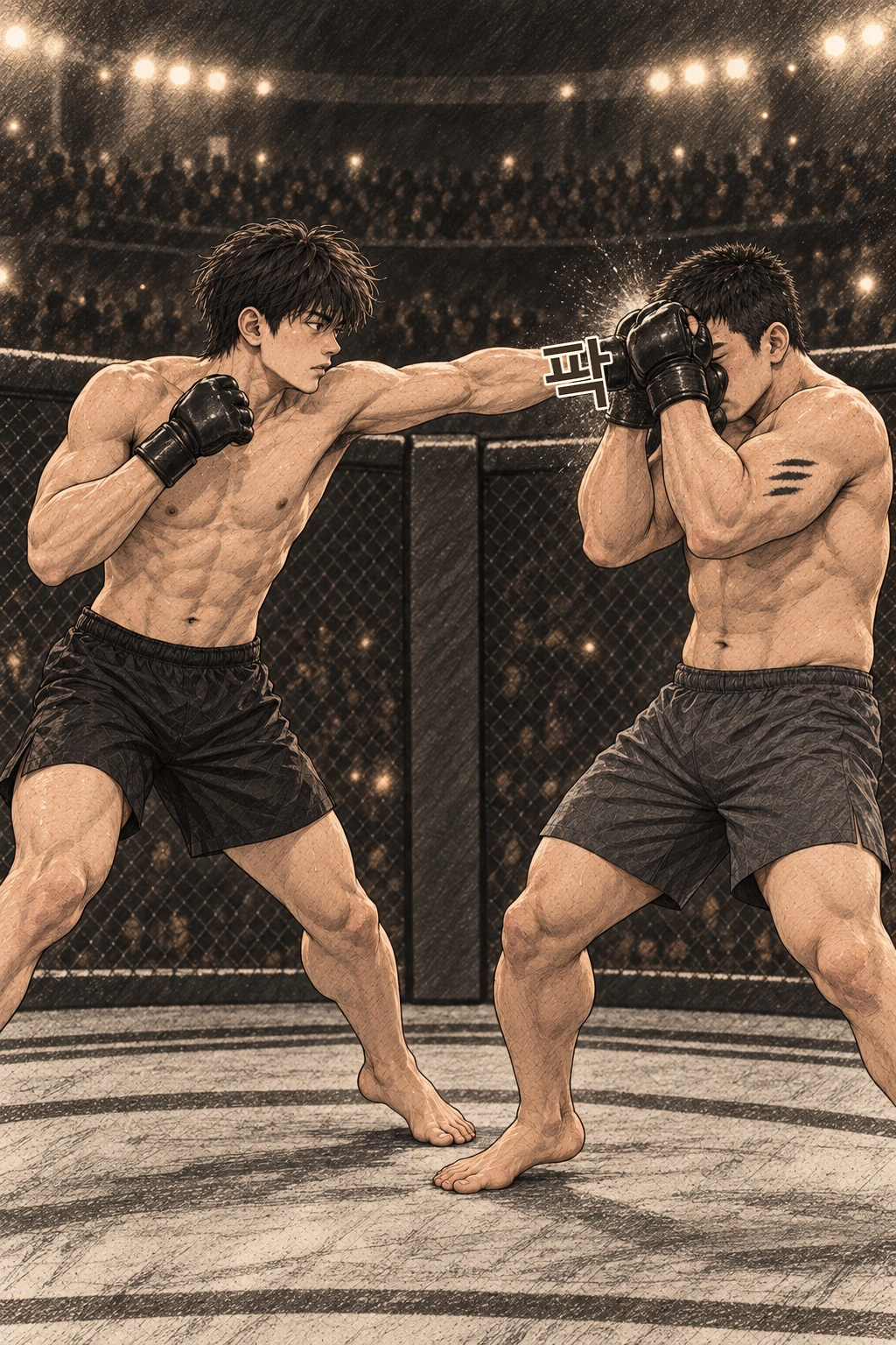 도윤의 오른손에 정우의 장갑이 크게 흔들린다. 팍.