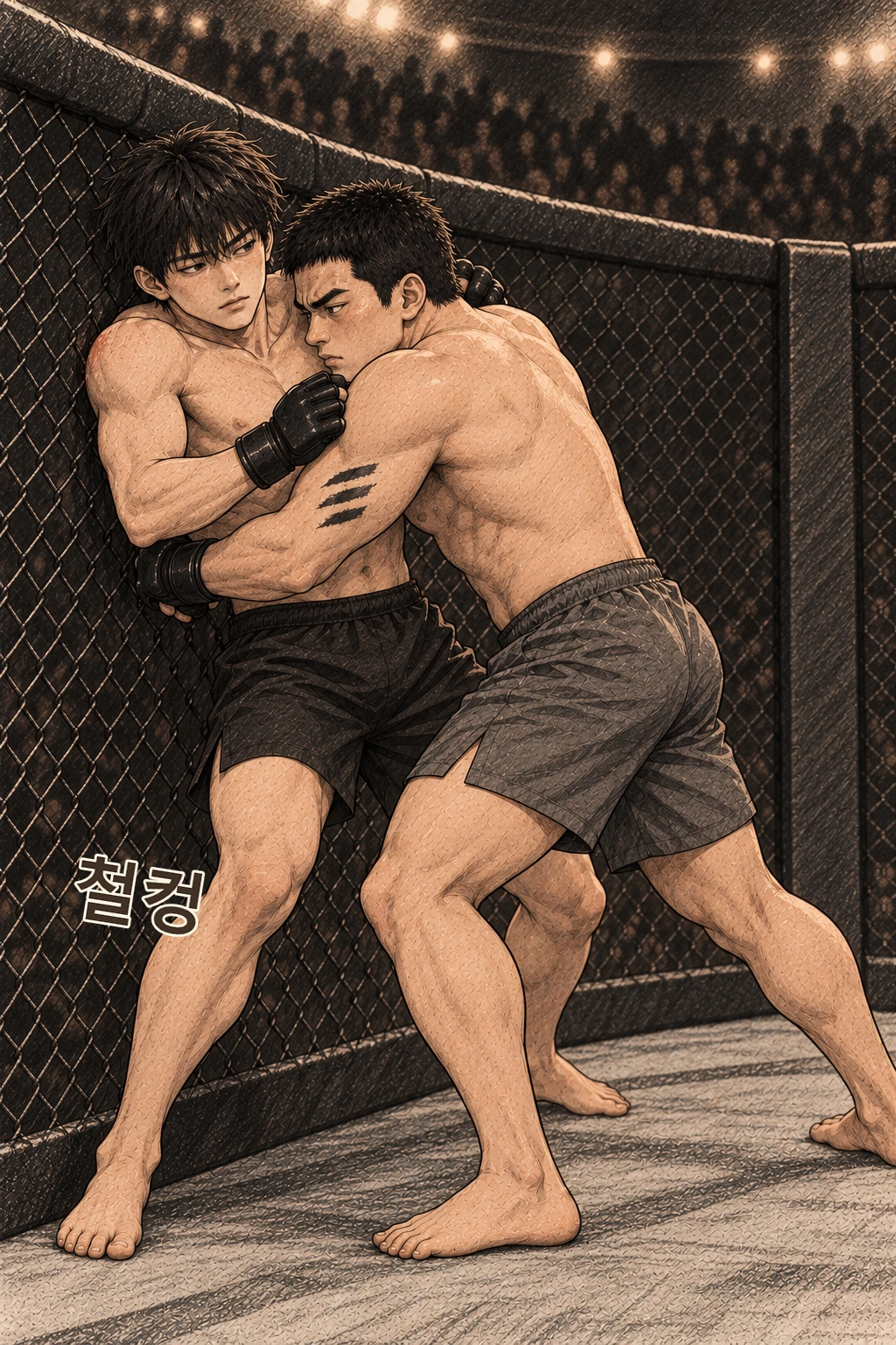 정우가 붙어 도윤을 펜스로 보낸다. 철컹.