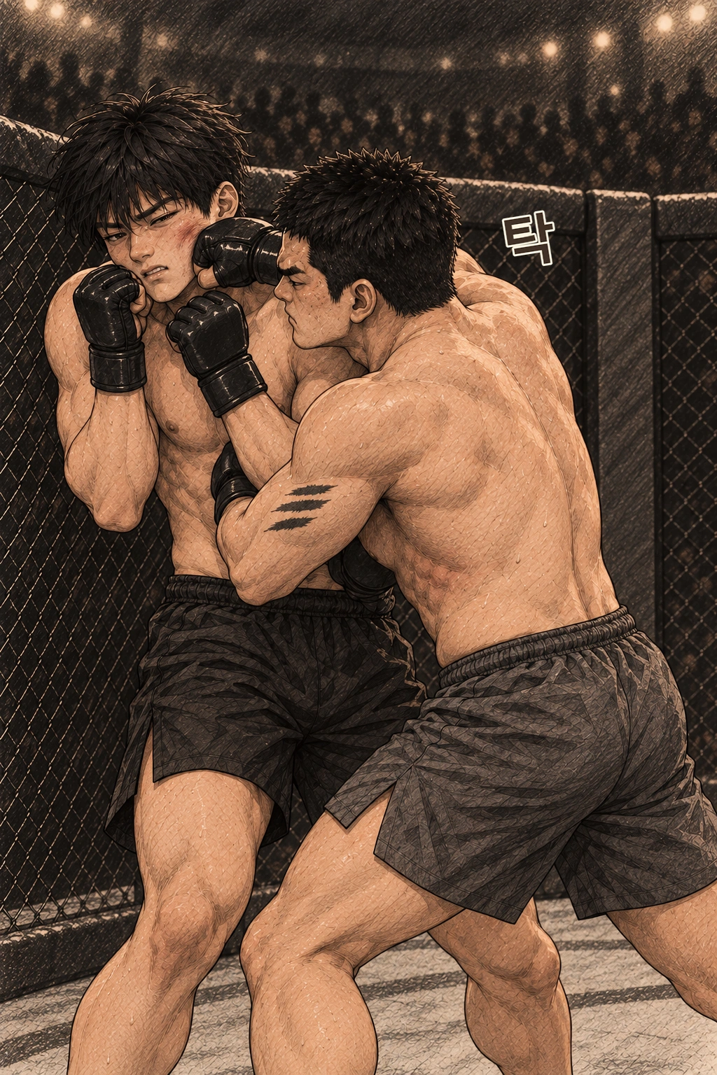 정우의 짧은 유효타가 가드에 섞여 닿는다. 탁.