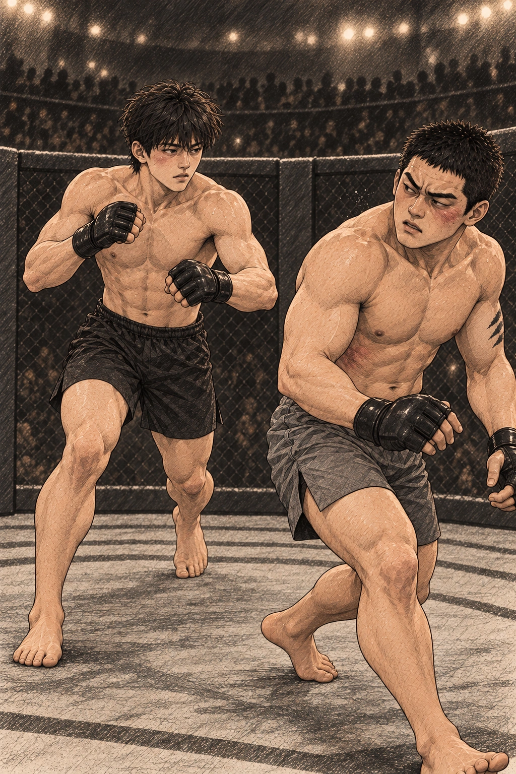 정우가 비틀거리지만 펜스에 닿기 전에 돌아 나간다.