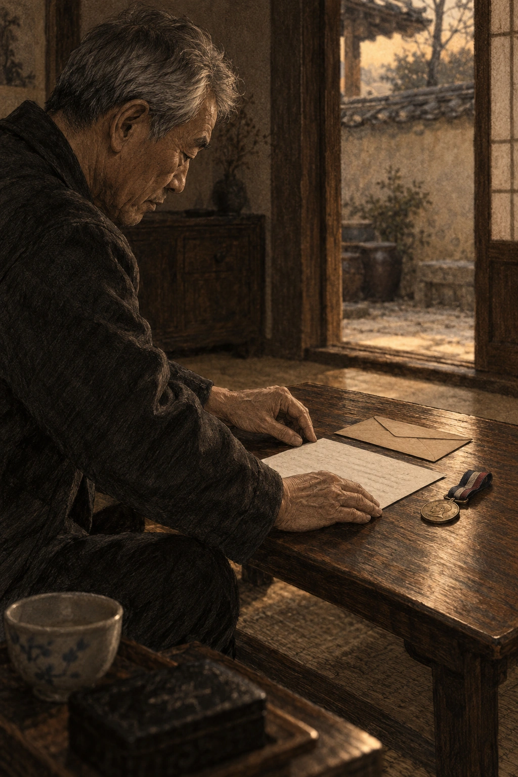 명진이 편지와 경기 메달을 가지런히 놓는다.