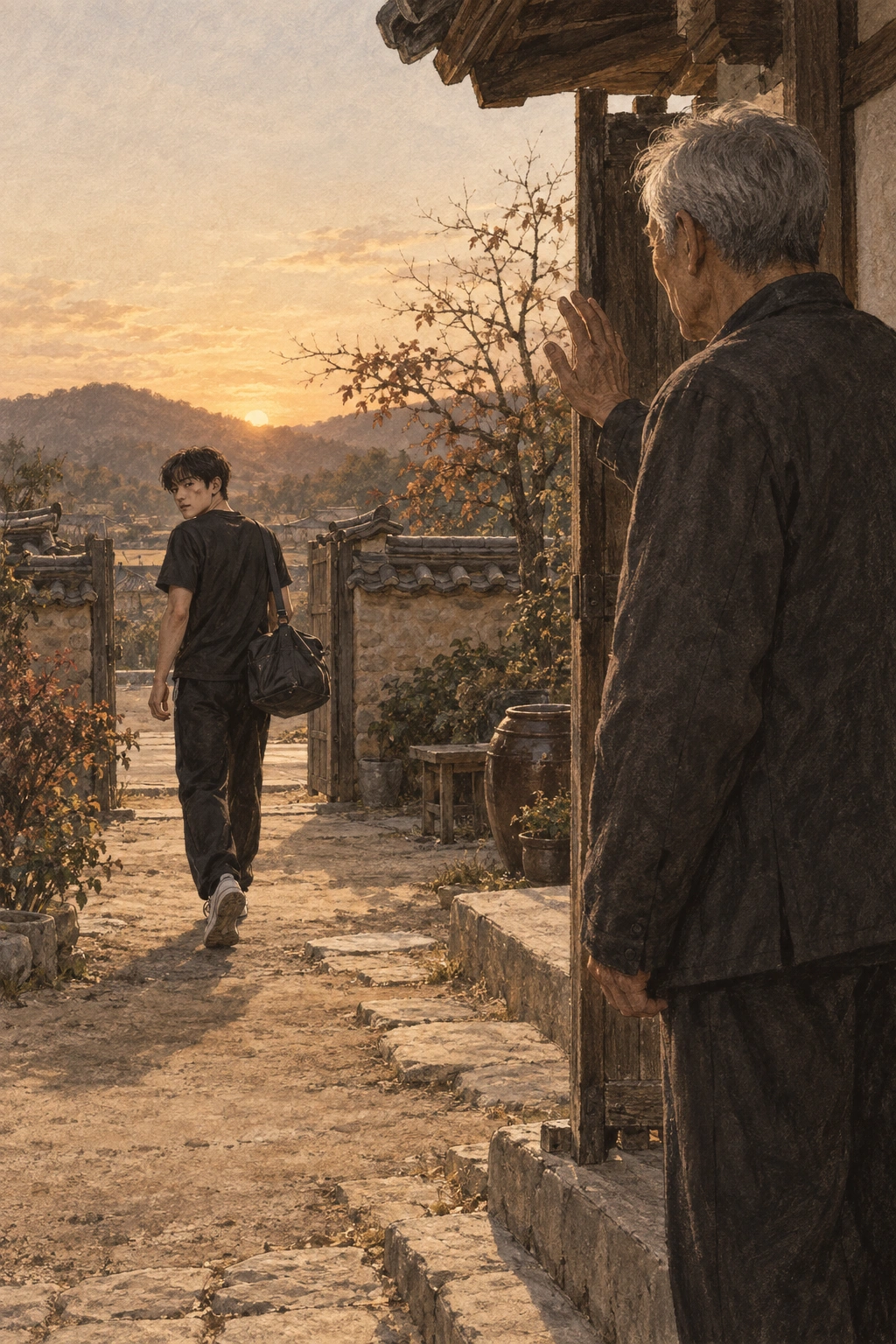 명진이 손을 들고 도윤을 배웅한다.