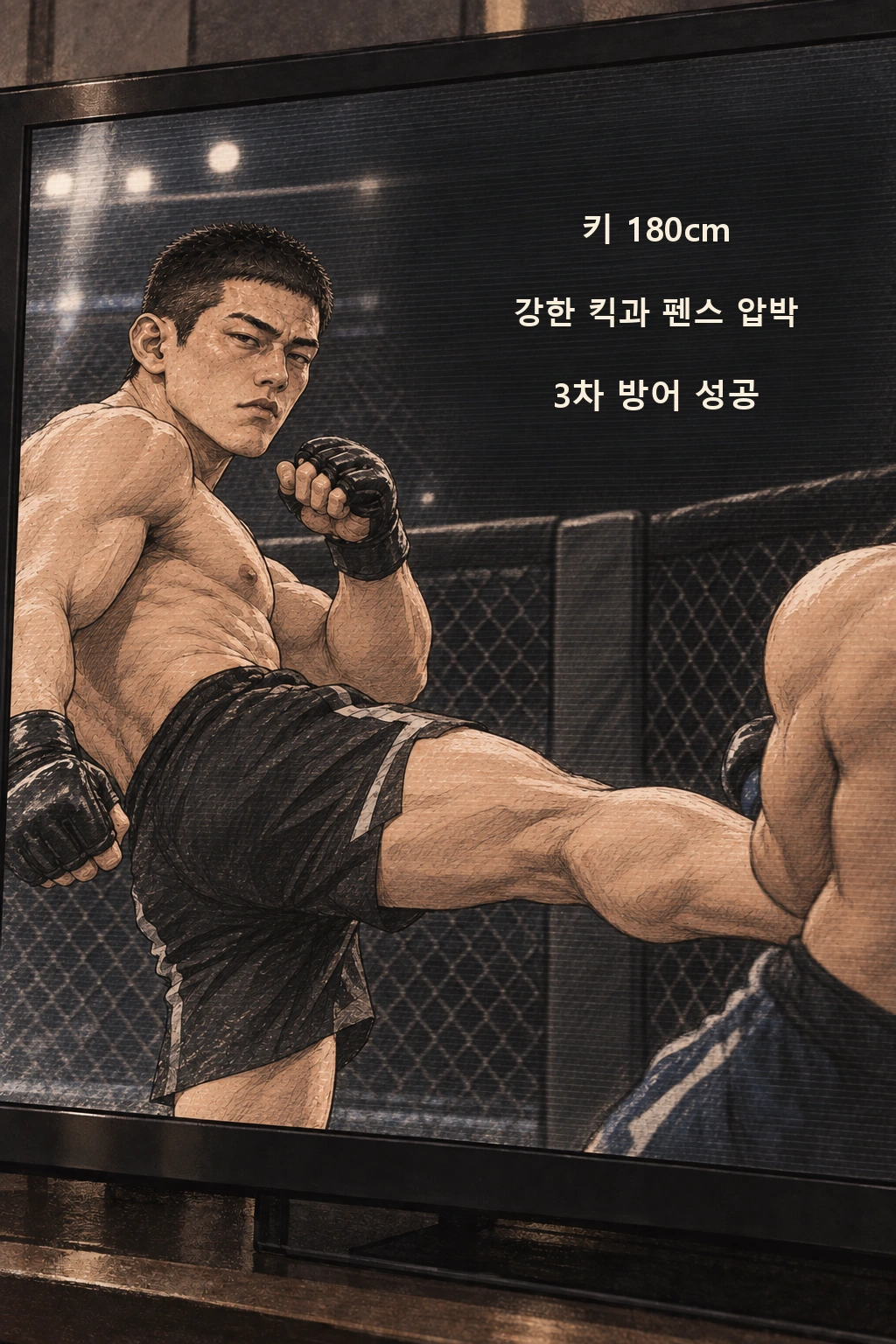 키 180cm, 강한 킥과 펜스 압박, 3차 방어 성공 자막.