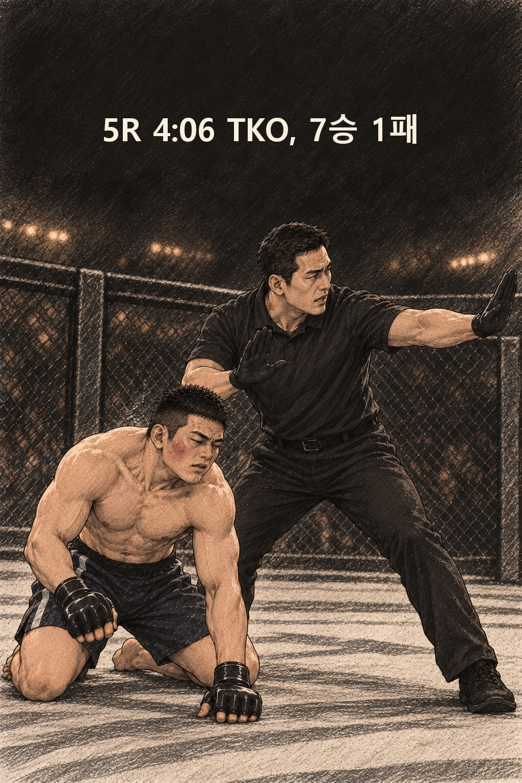 심판 중단. 자막 ‘5R 4:06 TKO, 7승 1패’.