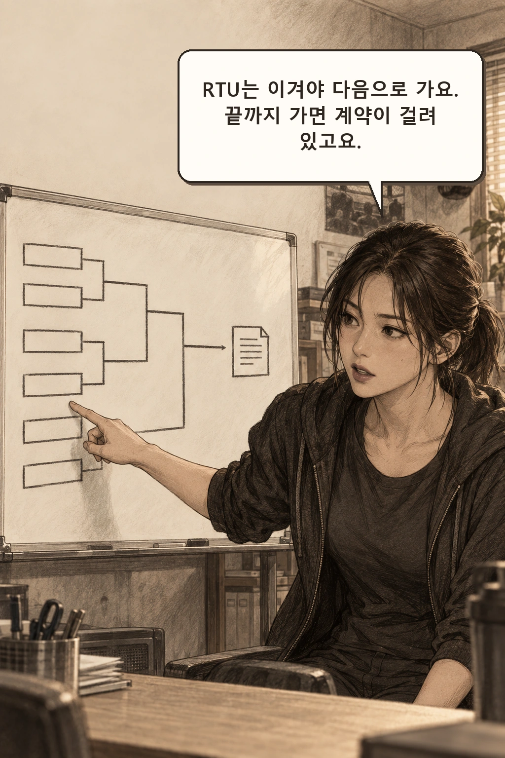 서윤이 RTU는 계약을 노리는 승자 진출 방식이라고 설명한다.