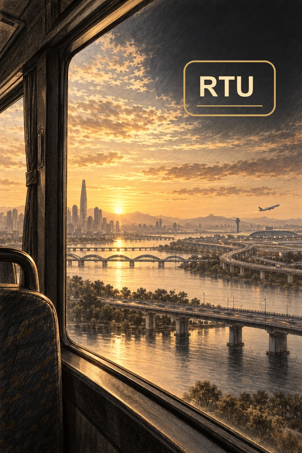 버스 창밖으로 밝아오는 도시, RTU 로고 전환.